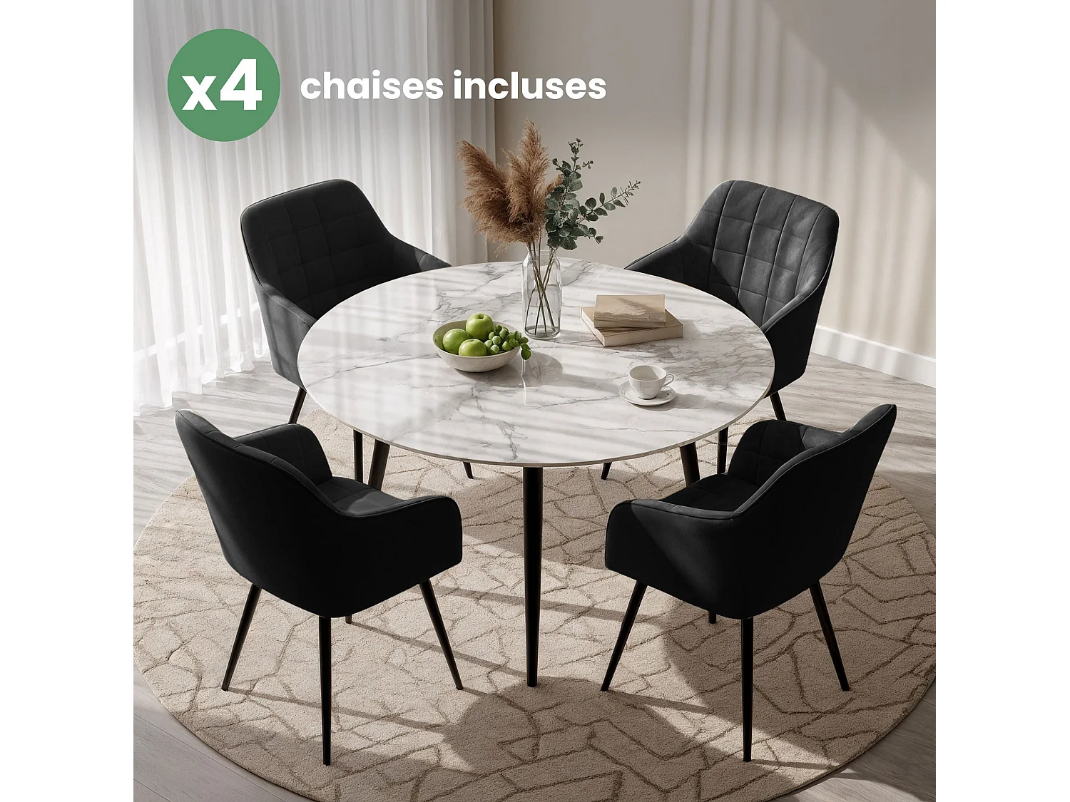 Set di 4 Sedie imbottite con cuciture quadrate LUXANO Nero gambe nere