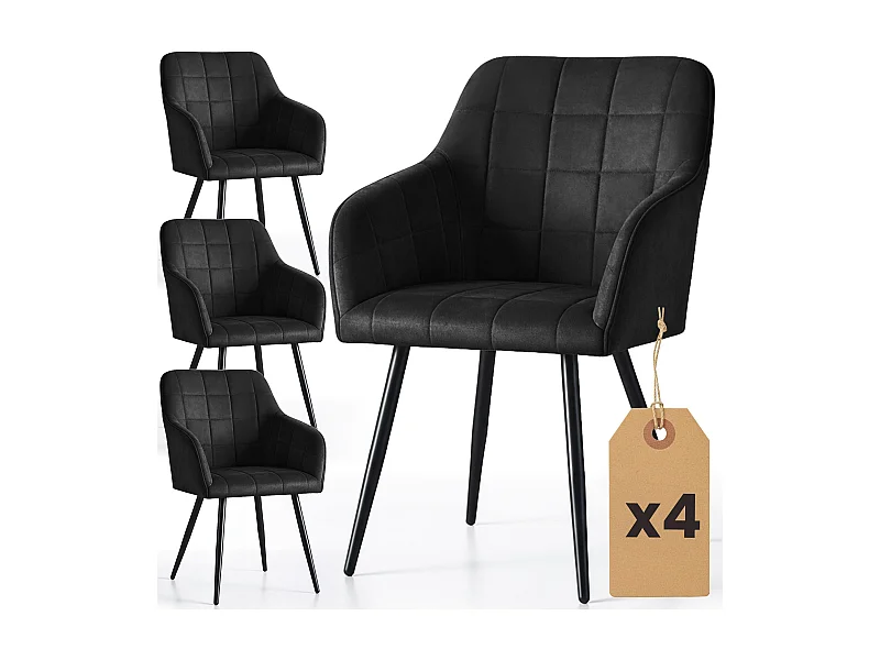 Set van 4 Eetkamerstoelen LUXANO met Armleuningen / Gestoffeerde Stoelen / Fluwelen Stoelen en Metalen Poten / Zwart met zwarte benen