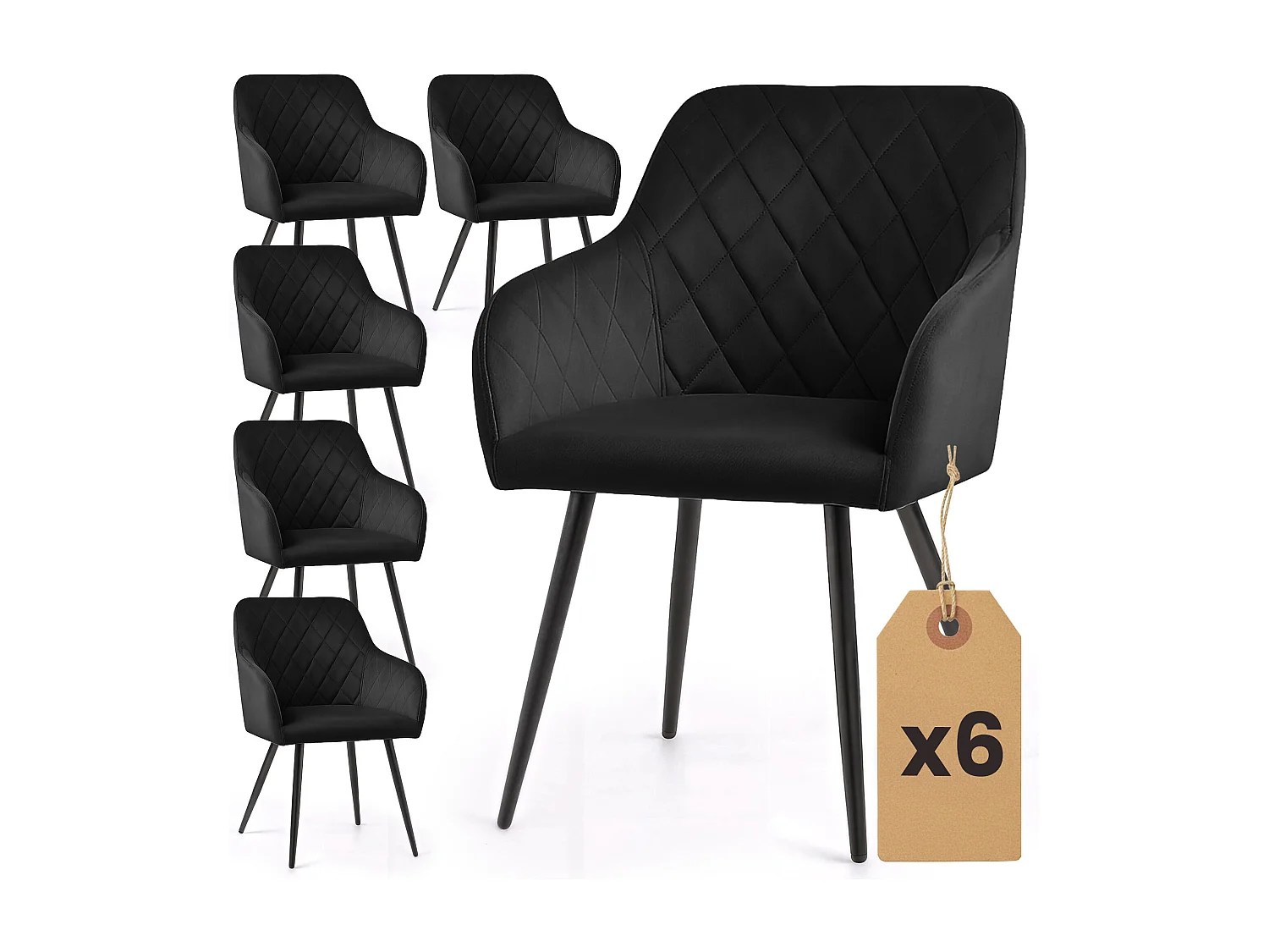 Set van 6 Eetkamerstoelen VELTO met Armleuningen / Gestoffeerde Stoelen / Fluwelen Stoelen en Metalen Poten / Zwart met zwarte benen