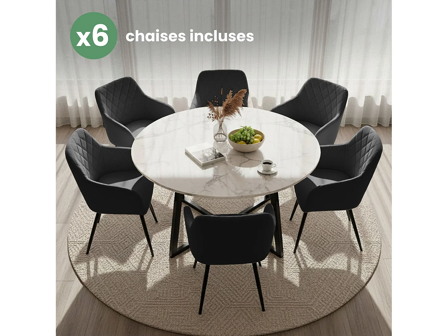 Set van 6 Eetkamerstoelen VELTO met Armleuningen / Gestoffeerde Stoelen / Fluwelen Stoelen en Metalen Poten / Zwart met zwarte benen