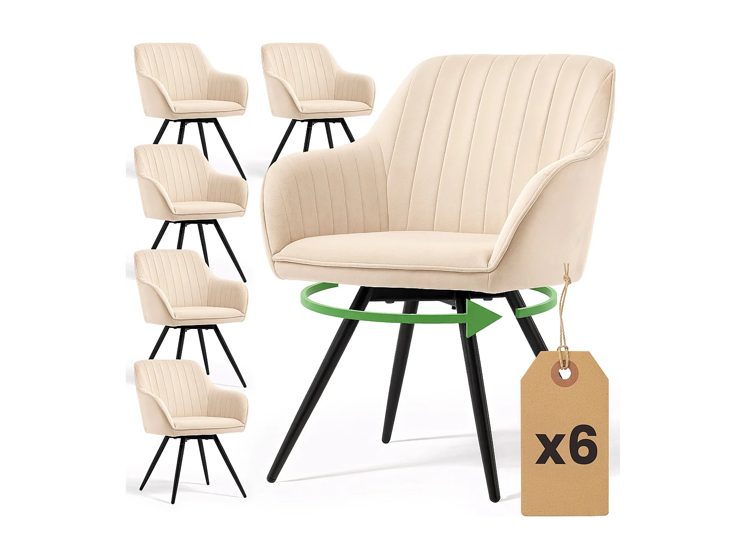 6er Set Drehbare Veloursstühle mit Ziernähten TURNO Beige mit schwarzen Beinen