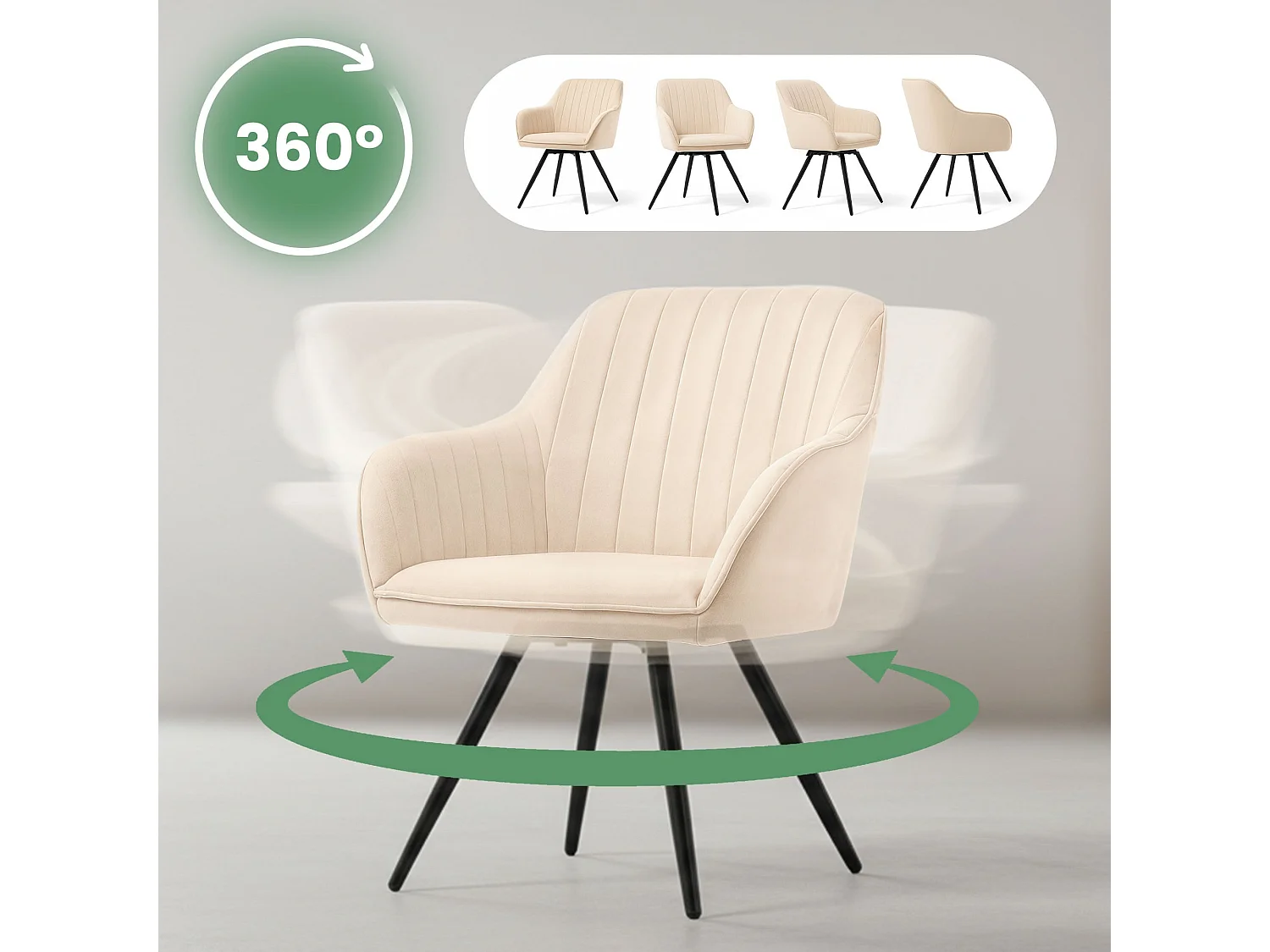 6er Set Drehbare Veloursstühle mit Ziernähten TURNO Beige mit schwarzen Beinen