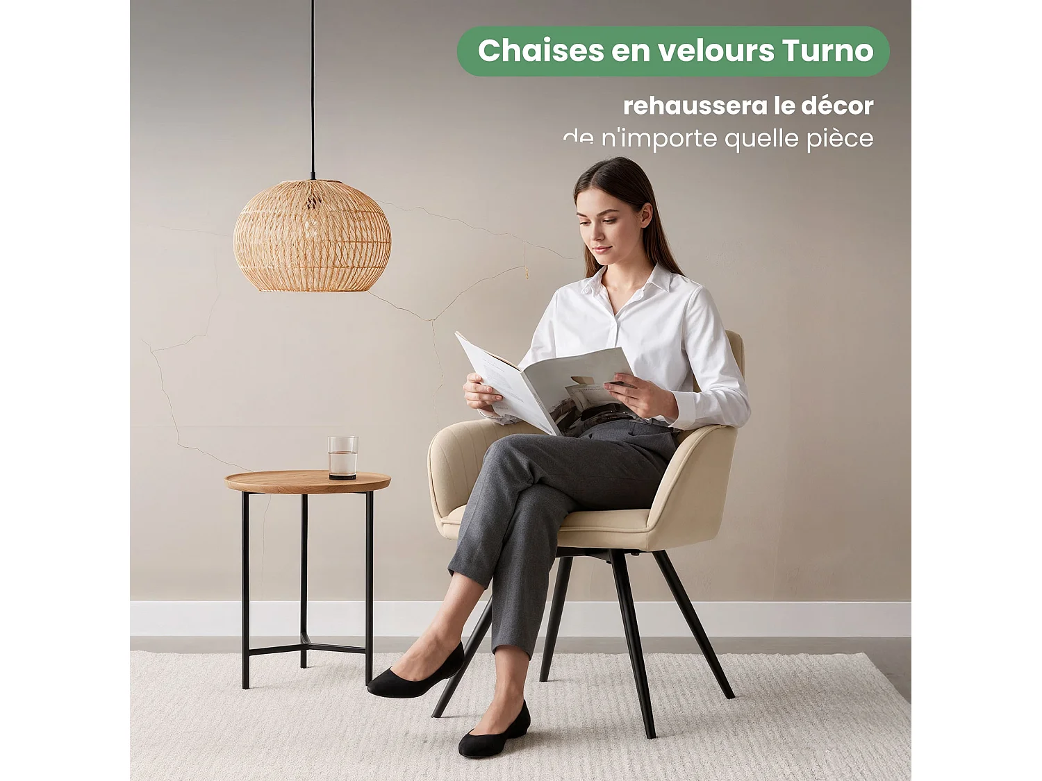 6er Set Drehbare Veloursstühle mit Ziernähten TURNO Beige mit schwarzen Beinen