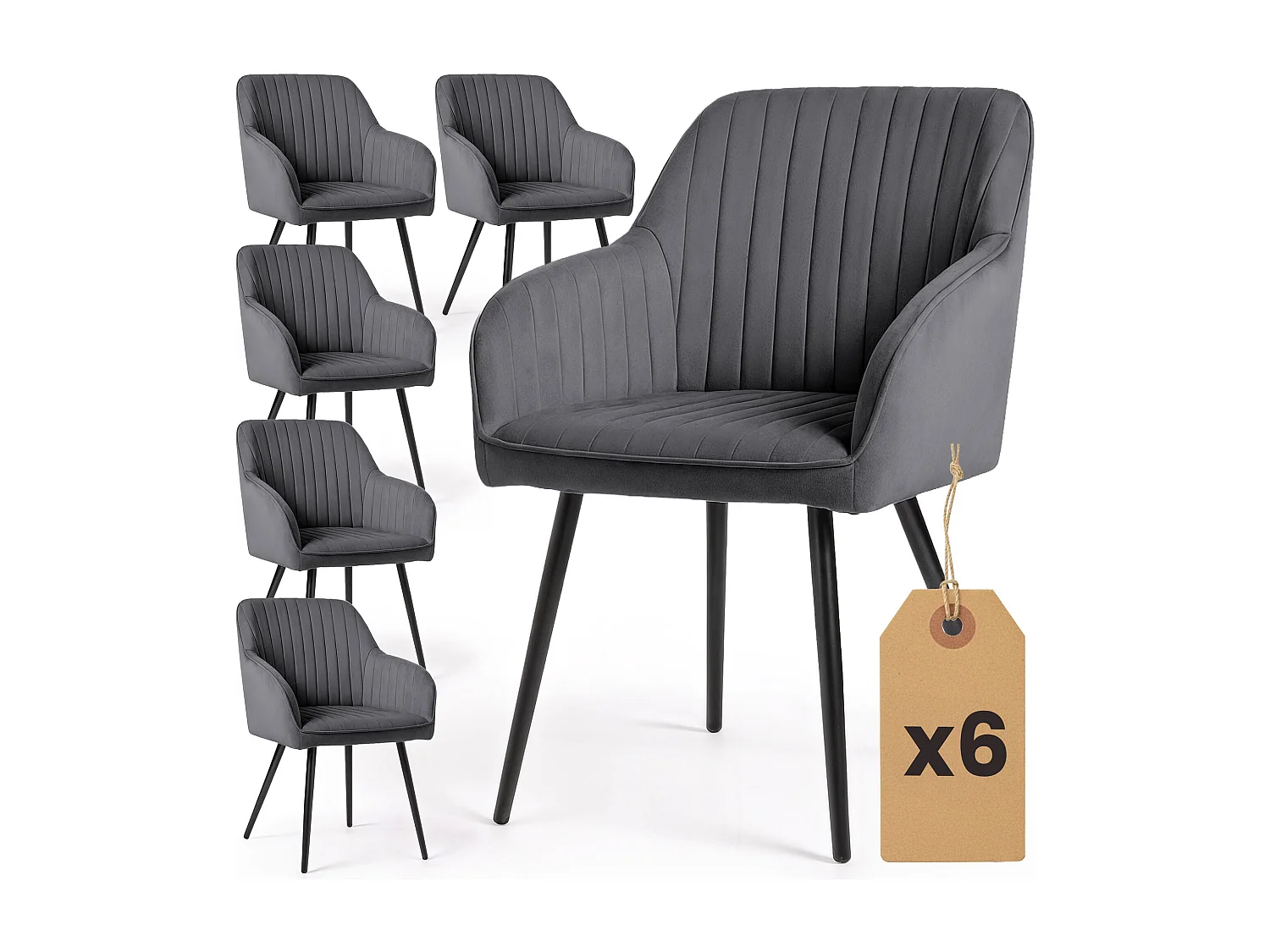 Lot de 6 Chaises en velours à surpiqûres FLORENCE Anthracite pieds noirs