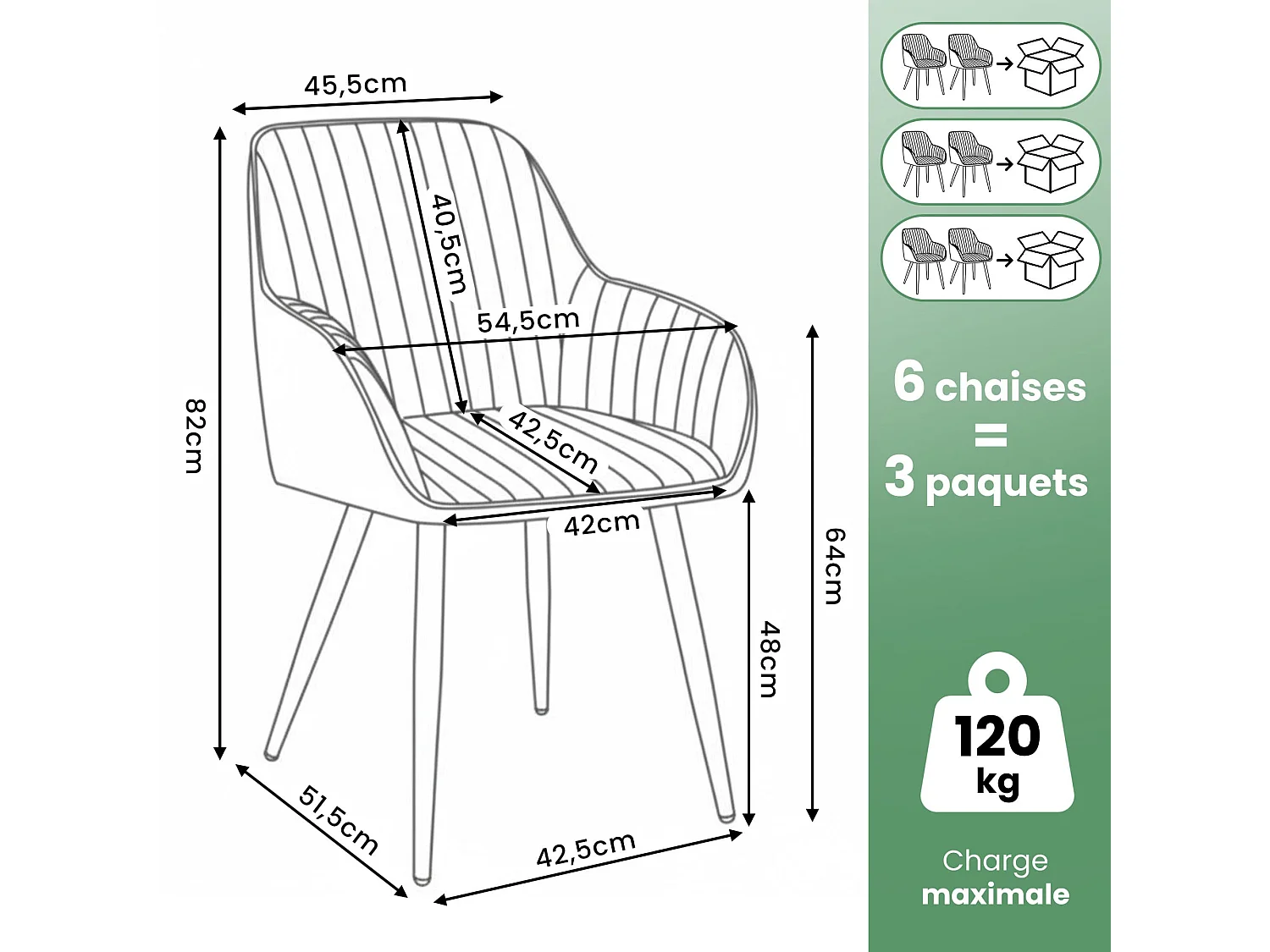 Lot de 6 Chaises en velours à surpiqûres FLORENCE Anthracite pieds noirs