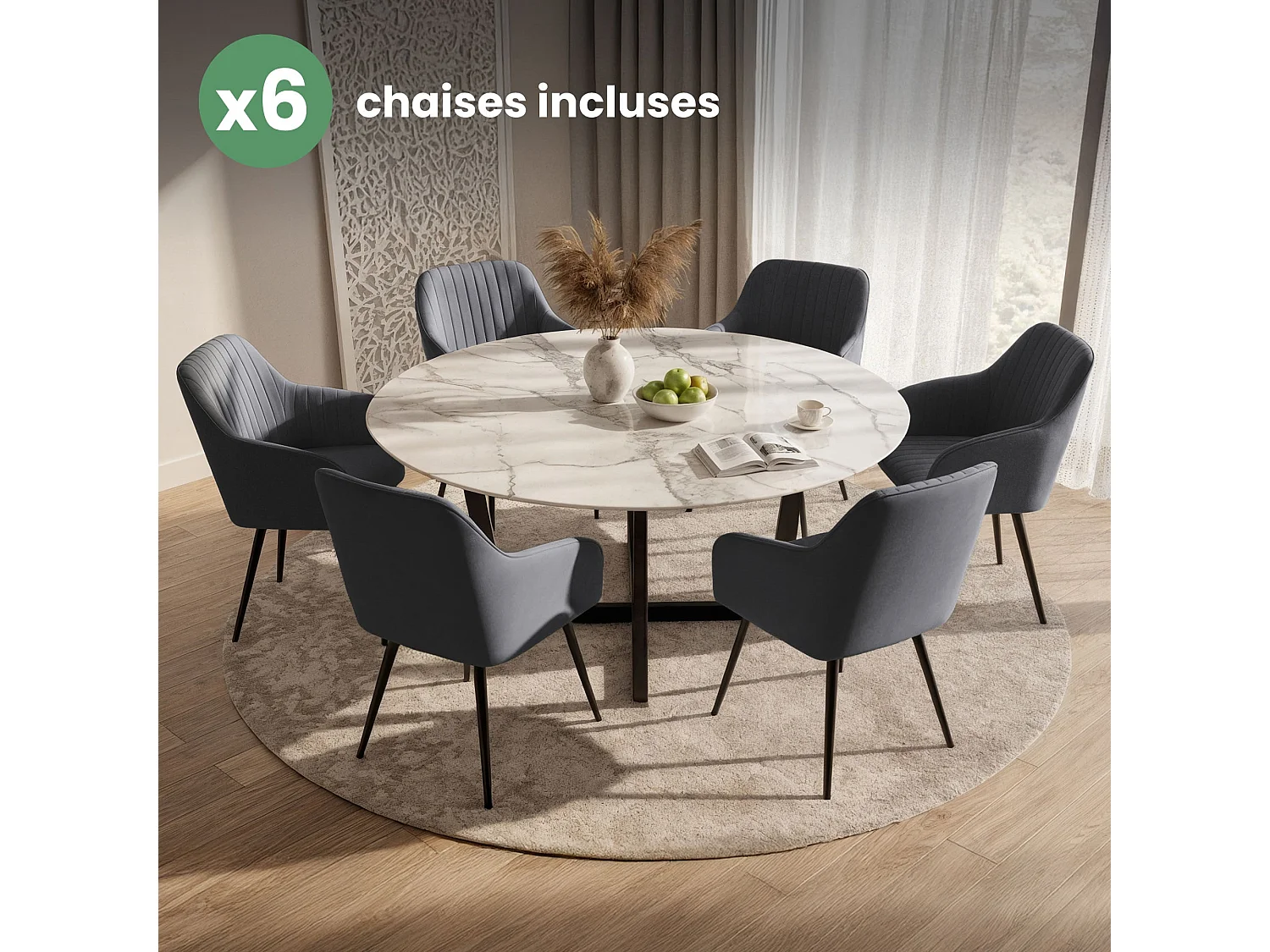 Lot de 6 Chaises en velours à surpiqûres FLORENCE Anthracite pieds noirs