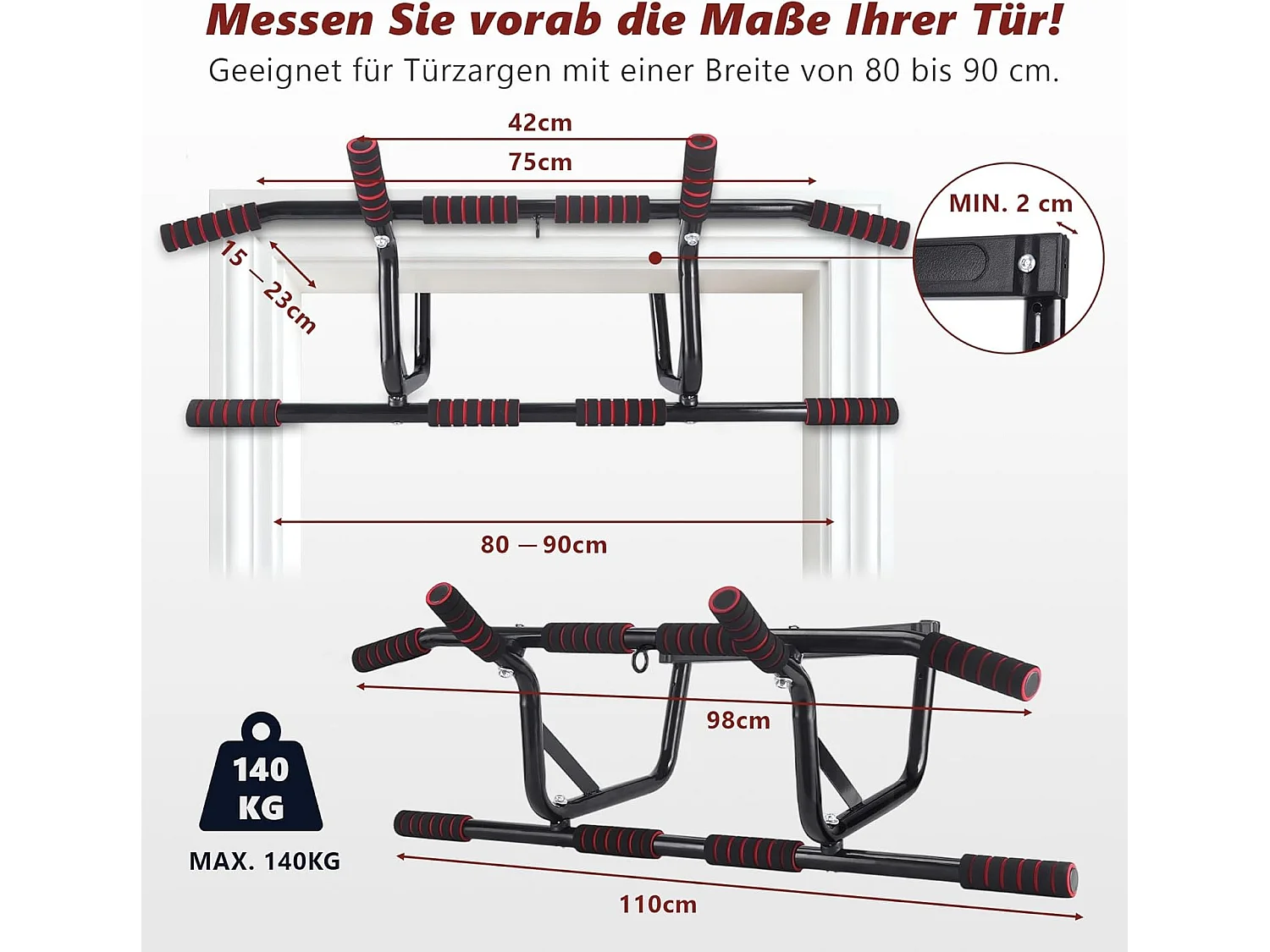 Drążek do podciągania Nettlife do montażu na framudze drzwi - montaż bez śrub - Drążek do podciągania z antypoślizgowymi, wyściełanymi uchwytami - 80-90 cm