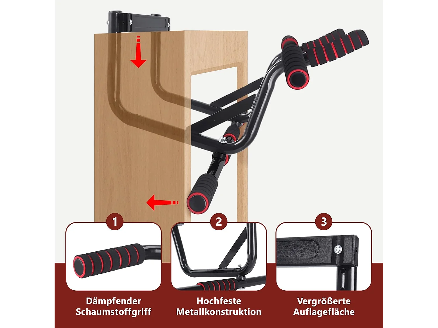 Drążek do podciągania Nettlife do montażu na framudze drzwi - montaż bez śrub - Drążek do podciągania z antypoślizgowymi, wyściełanymi uchwytami - 80-90 cm