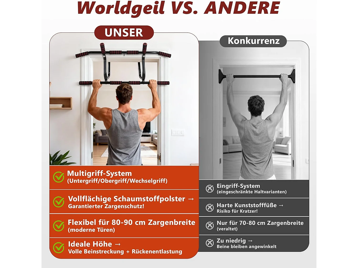 Drążek do podciągania Nettlife do montażu na framudze drzwi - montaż bez śrub - Drążek do podciągania z antypoślizgowymi, wyściełanymi uchwytami - 80-90 cm