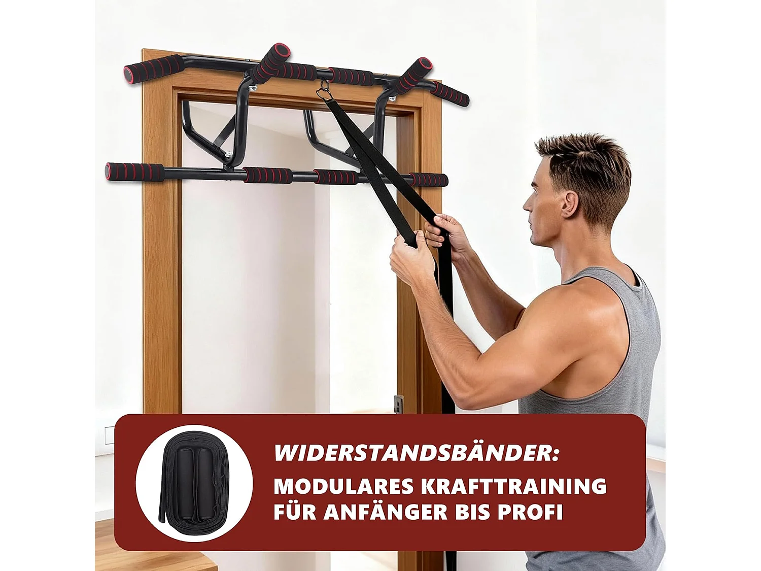 Drążek do podciągania Nettlife do montażu na framudze drzwi - montaż bez śrub - Drążek do podciągania z antypoślizgowymi, wyściełanymi uchwytami - 80-90 cm