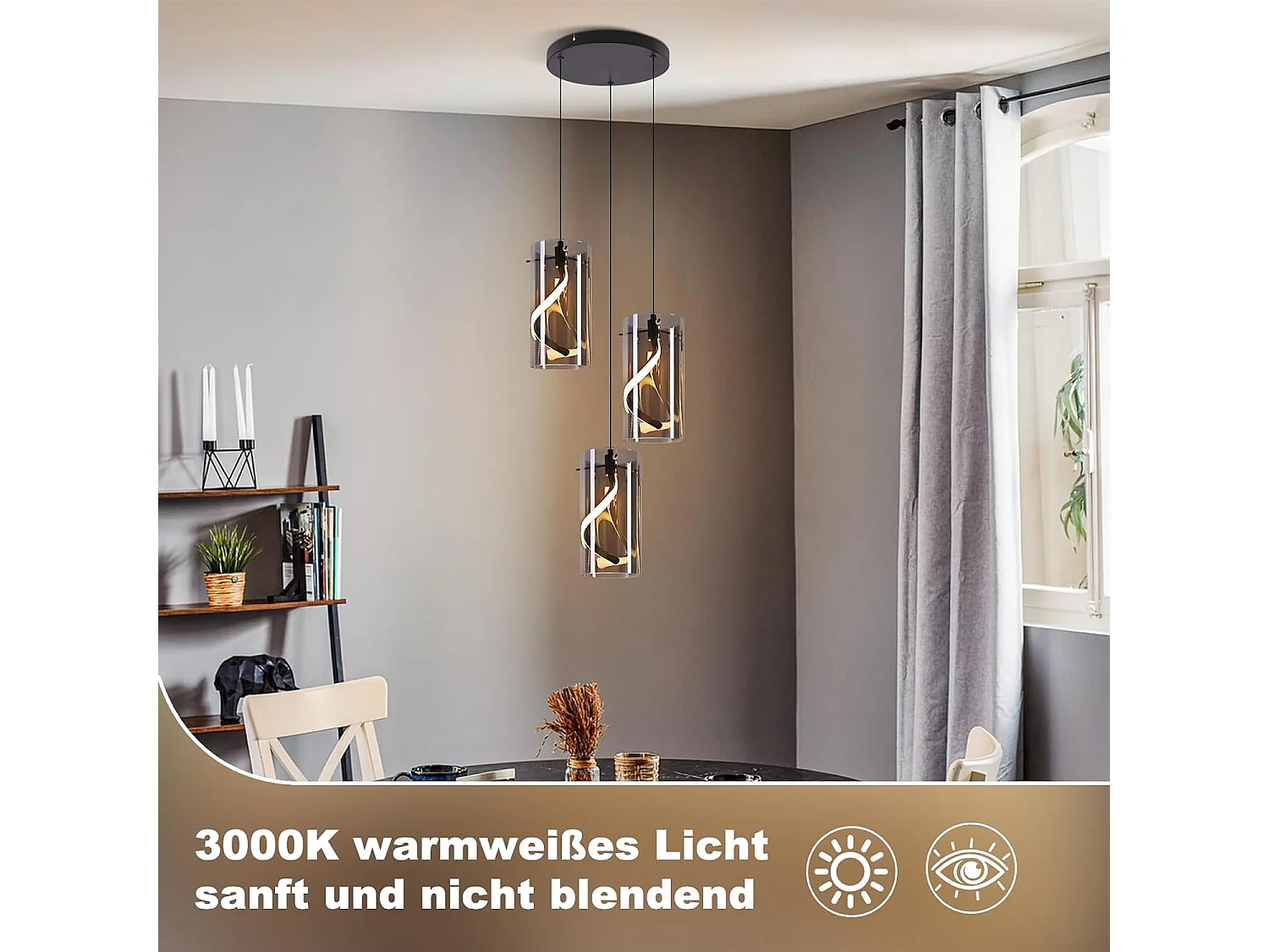 Nettlife Vintage 3-flammige LED-Pendelleuchte – Rundes, rauchgraues Glas, 23 W, 3000 K, Retro-Stil, verstellbar, Tischleuchte