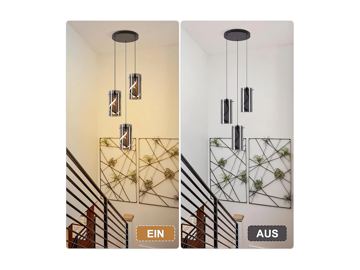 Nettlife Vintage 3-flammige LED-Pendelleuchte – Rundes, rauchgraues Glas, 23 W, 3000 K, Retro-Stil, verstellbar, Tischleuchte