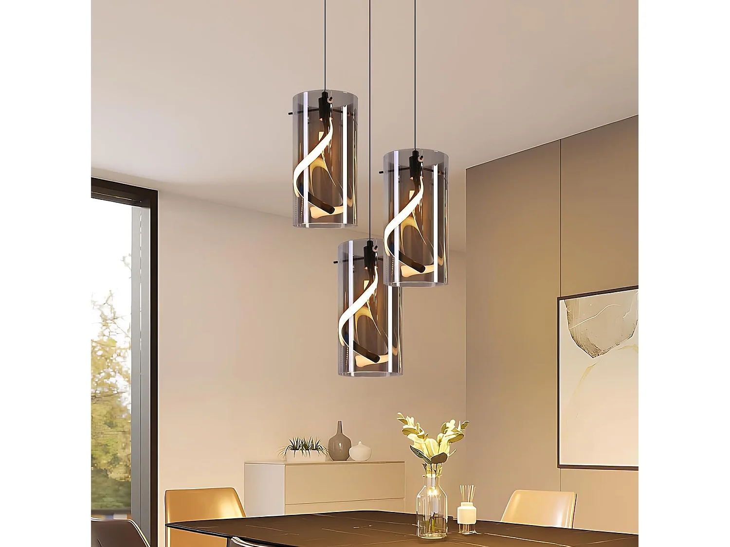 Nettlife Vintage 3-lichts LED-hanglamp - Rond, rookgrijs glas, 23W 3000K, retro, verstelbaar, eettafellamp