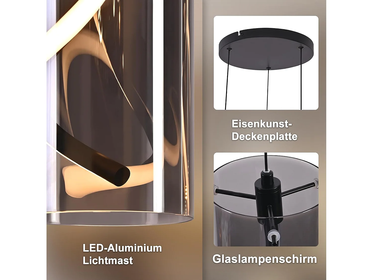 Nettlife Vintage 3-lichts LED-hanglamp - Rond, rookgrijs glas, 23W 3000K, retro, verstelbaar, eettafellamp