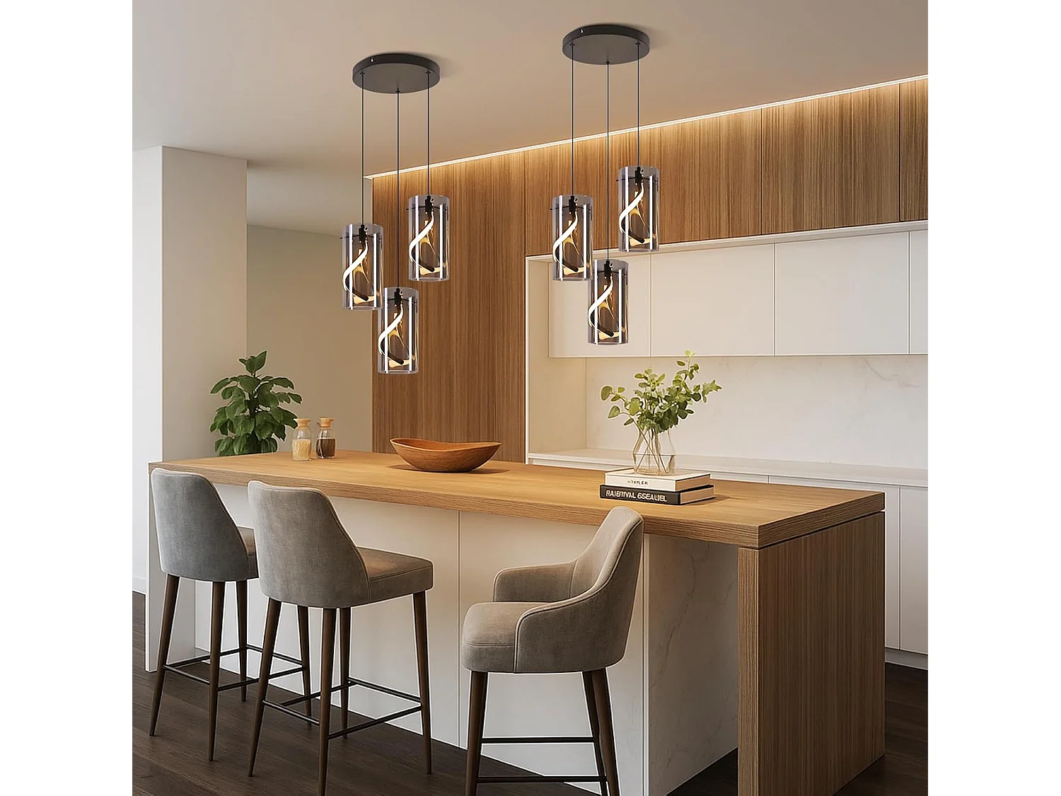 Nettlife Vintage 3-lichts LED-hanglamp - Rond, rookgrijs glas, 23W 3000K, retro, verstelbaar, eettafellamp