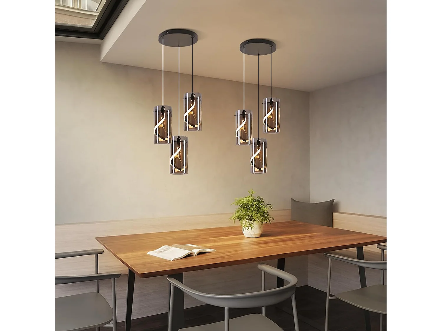 Nettlife Vintage 3-lichts LED-hanglamp - Rond, rookgrijs glas, 23W 3000K, retro, verstelbaar, eettafellamp