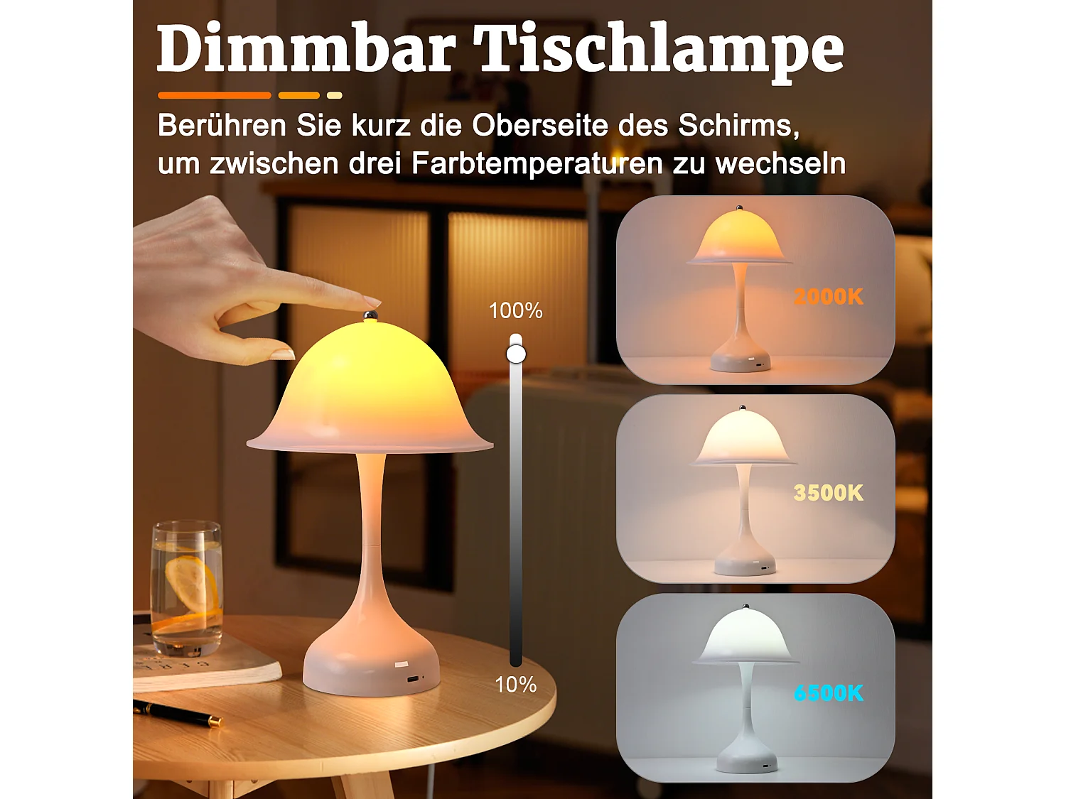 Nettlife Lampe Table Sans Fil LED Blanche - Chevet Tactile Dimmable 3 Couleurs, USB Rechargeable, Moderne Salon Chambre