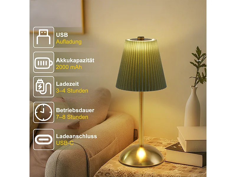 Nettlife Kabellose Tischlampen, 2er-Set – Dimmbare Touch-LED-Nachttischlampe, USB-aufladbar, Stoffschirm, modernes Design fürs Schlafzimmer