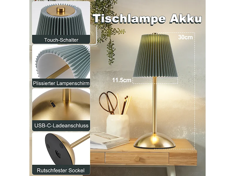 Nettlife Kabellose Tischlampen, 2er-Set – Dimmbare Touch-LED-Nachttischlampe, USB-aufladbar, Stoffschirm, modernes Design fürs Schlafzimmer