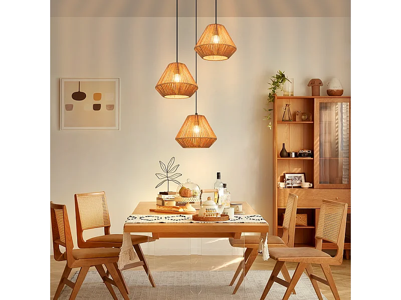 Nettlife Boho Rotan Hanglamp voor Eettafel - 3 E27 Lampen, Verstelbare Hoogte, Retro Stijl, Woonkamer/Slaapkamer (Lampen Niet Inbegrepen)