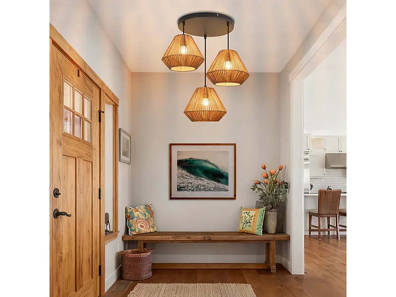 Nettlife Boho Rotan Hanglamp voor Eettafel - 3 E27 Lampen, Verstelbare Hoogte, Retro Stijl, Woonkamer/Slaapkamer (Lampen Niet Inbegrepen)