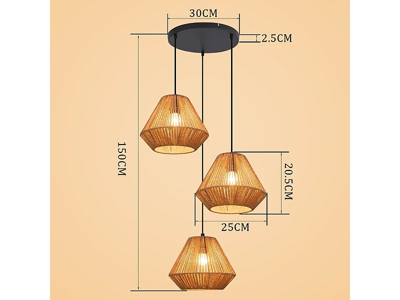 Nettlife Suspension Boho Rotin Table à Manger - Lampe 3 Lumières E27, Hauteur Réglable, Style Rétro, Salon Chambre (Sans Ampoule)