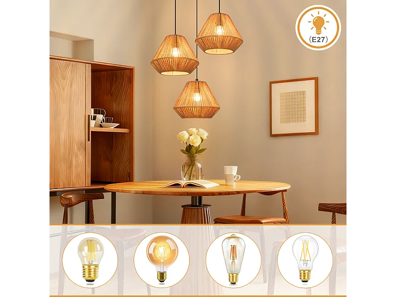 Nettlife Suspension Boho Rotin Table à Manger - Lampe 3 Lumières E27, Hauteur Réglable, Style Rétro, Salon Chambre (Sans Ampoule)