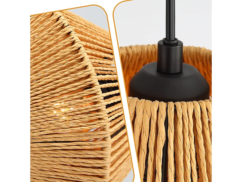 Nettlife Suspension Boho Rotin Table à Manger - Lampe 3 Lumières E27, Hauteur Réglable, Style Rétro, Salon Chambre (Sans Ampoule)