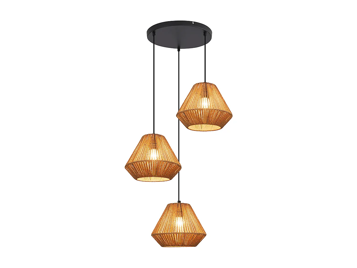 Nettlife Suspension Boho Rotin Table à Manger - Lampe 3 Lumières E27, Hauteur Réglable, Style Rétro, Salon Chambre (Sans Ampoule)