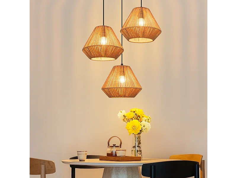 Nettlife Boho Rotan Hanglamp voor Eettafel - 3 E27 Lampen, Verstelbare Hoogte, Retro Stijl, Woonkamer/Slaapkamer (Lampen Niet Inbegrepen)