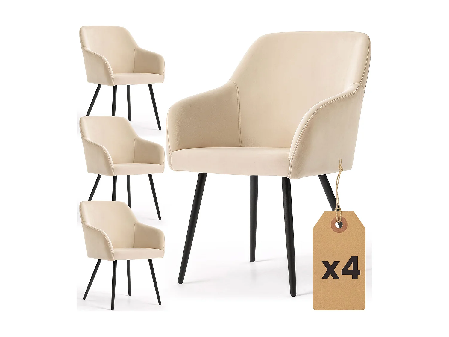 Set di 4 Sedie in velluto liscio ESTELLE Beige gambe nere