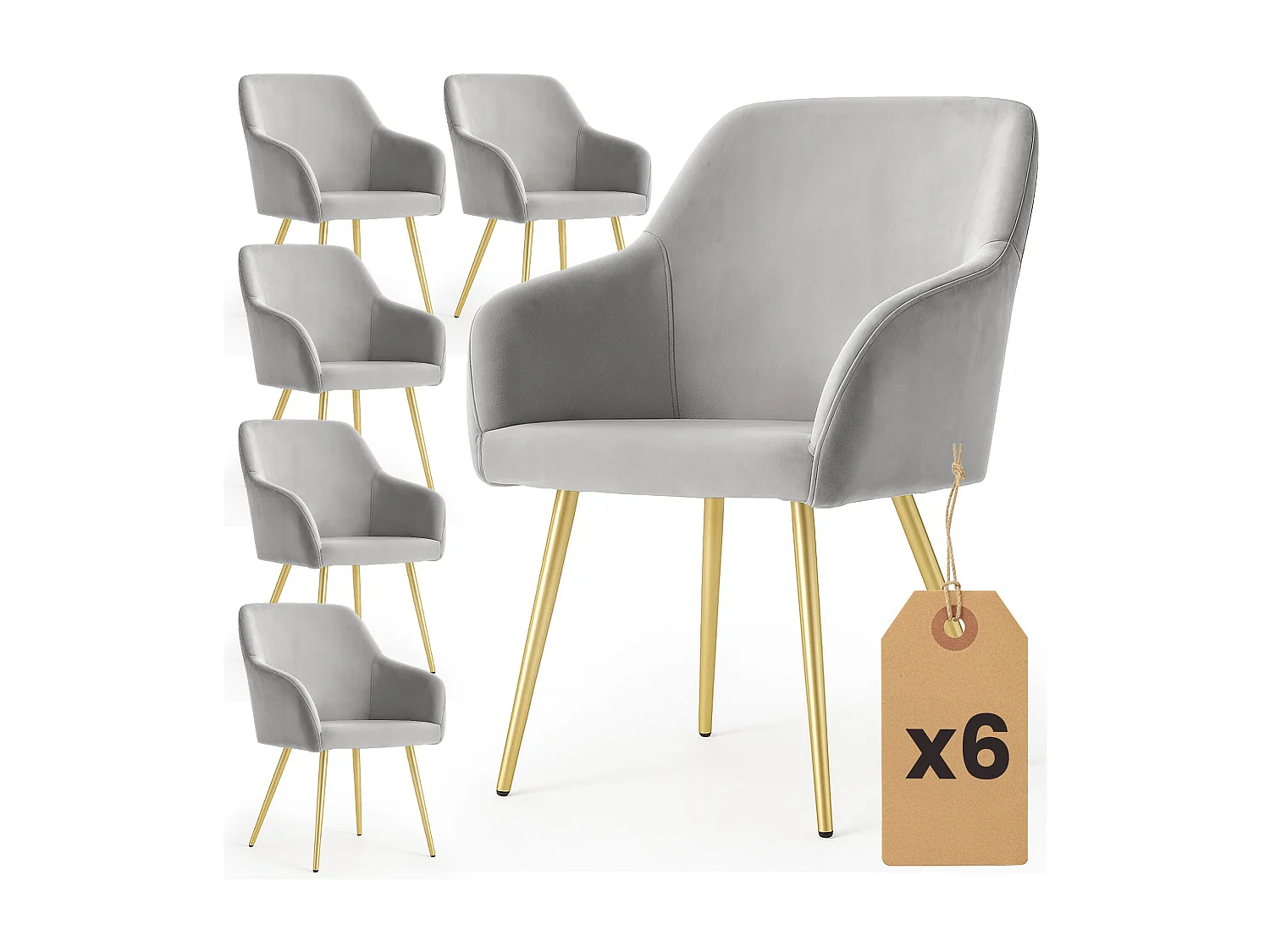6x Welurowe krzesło tapicerowane gładkie Szare ESTELLE Złote nogi