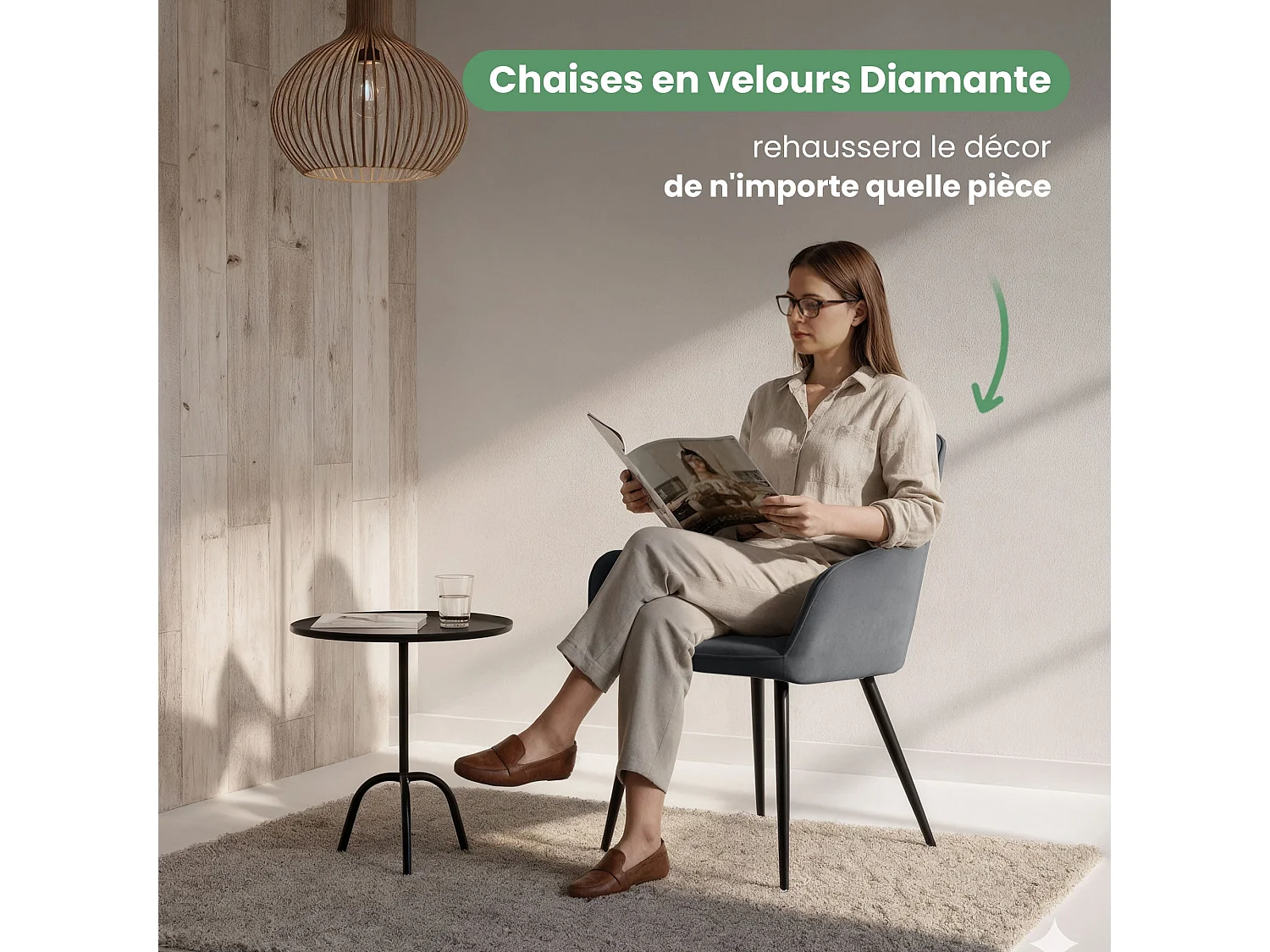 Set van 6 Eetkamerstoelen DIAMANTE met Armleuningen / Gestoffeerde Stoelen / Fluwelen Stoelen en Metalen Poten / Antraciet met zwarte benen