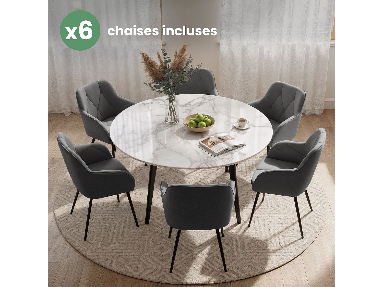 Set van 6 Eetkamerstoelen DIAMANTE met Armleuningen / Gestoffeerde Stoelen / Fluwelen Stoelen en Metalen Poten / Antraciet met zwarte benen