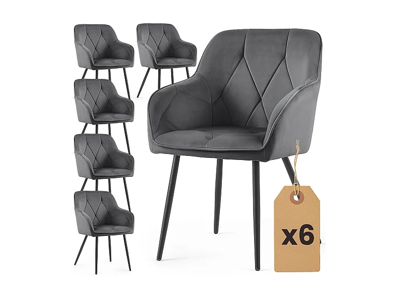 Lot de 6 Chaises en velours matelassées DIAMANTE Anthracite pieds noirs