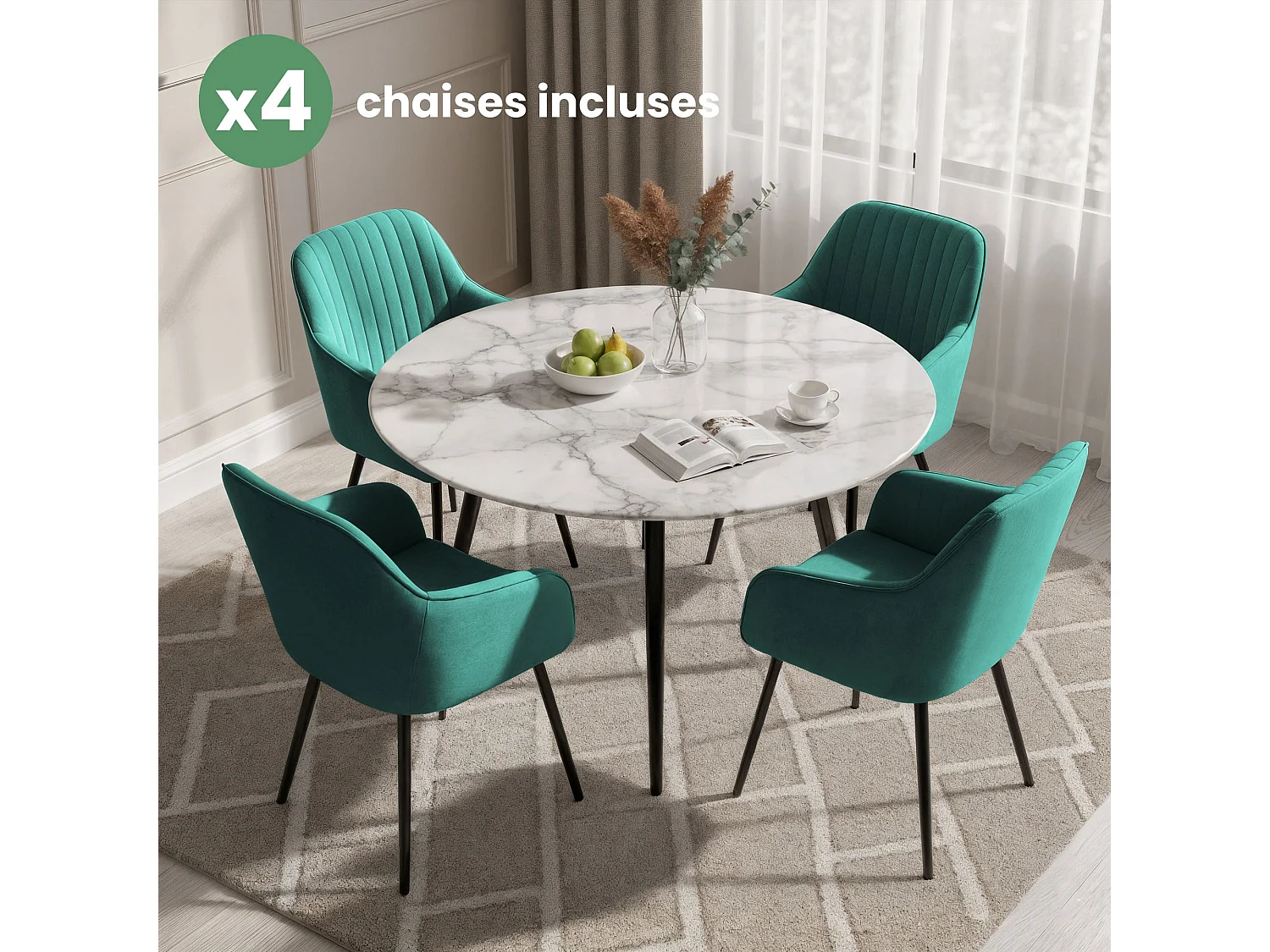 Set di 4 Sedie in velluto con cuciture verticali FLORENCE Verde Bottiglia gambe nere