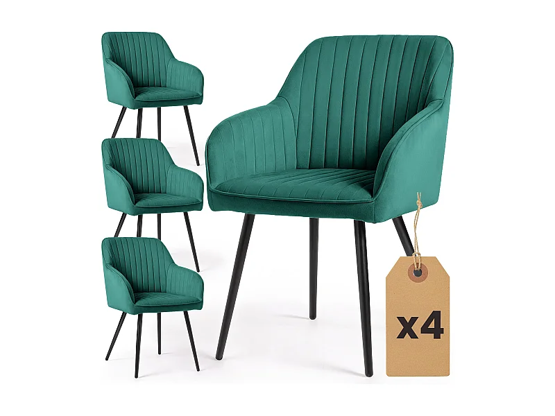 Set di 4 Sedie in velluto con cuciture verticali FLORENCE Verde Bottiglia gambe nere