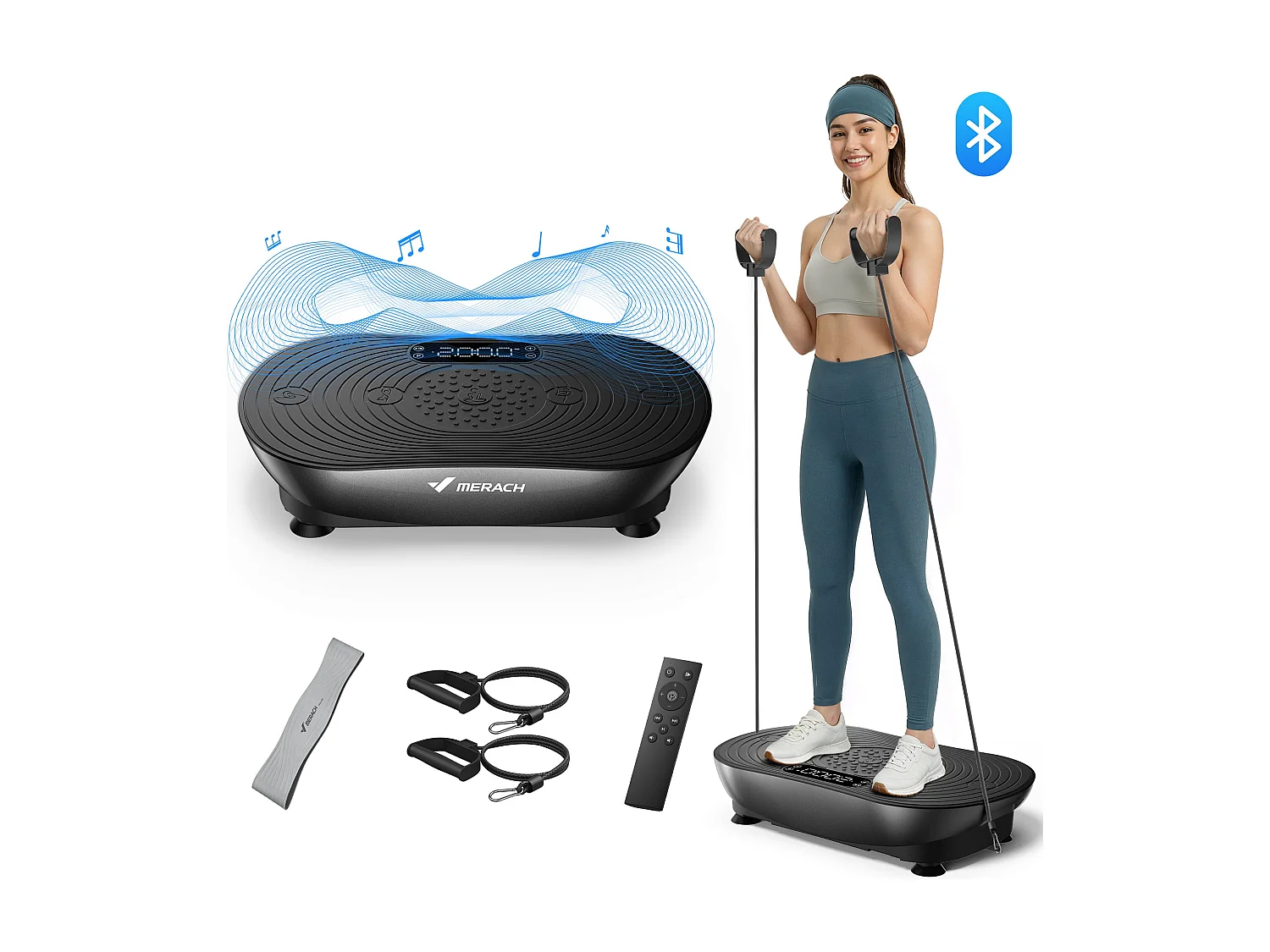 Plateforme Vibrante MERACH, 99 Niveaux, Bluetooth, Télécommande, Écran LED, Faible Bruit, Corps Entier, Modes Manuel/Automatique, Noir, 158KG MAX