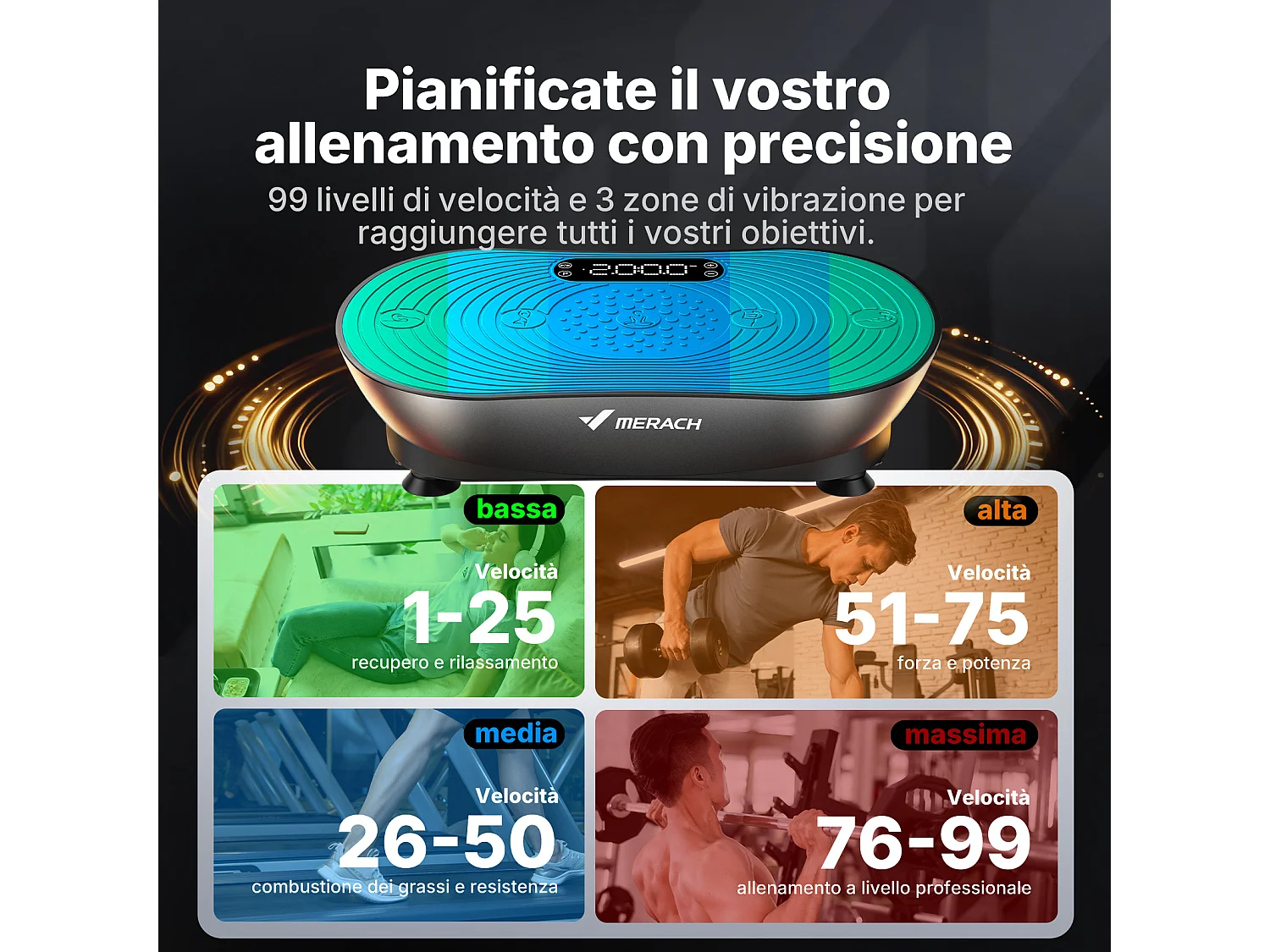 Plataforma vibratoria MERACH, 99 niveles, Bluetooth, control remoto, LED con pantalla táctil, altavoz integrado, modo dual, Baixo Ruído, Máx 158kg
