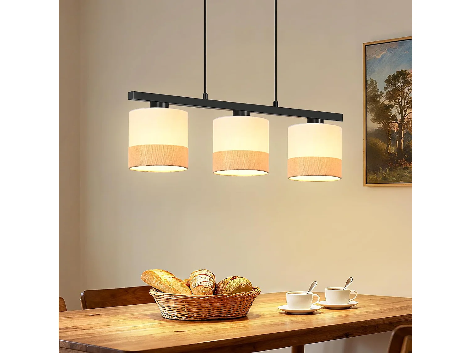 Nettlife Suspension pour table à manger, lampe suspendue à 3 lumières vintage, abat-jour en tissu blanc, hauteur réglable, E27, rétro (Sans ampoules)