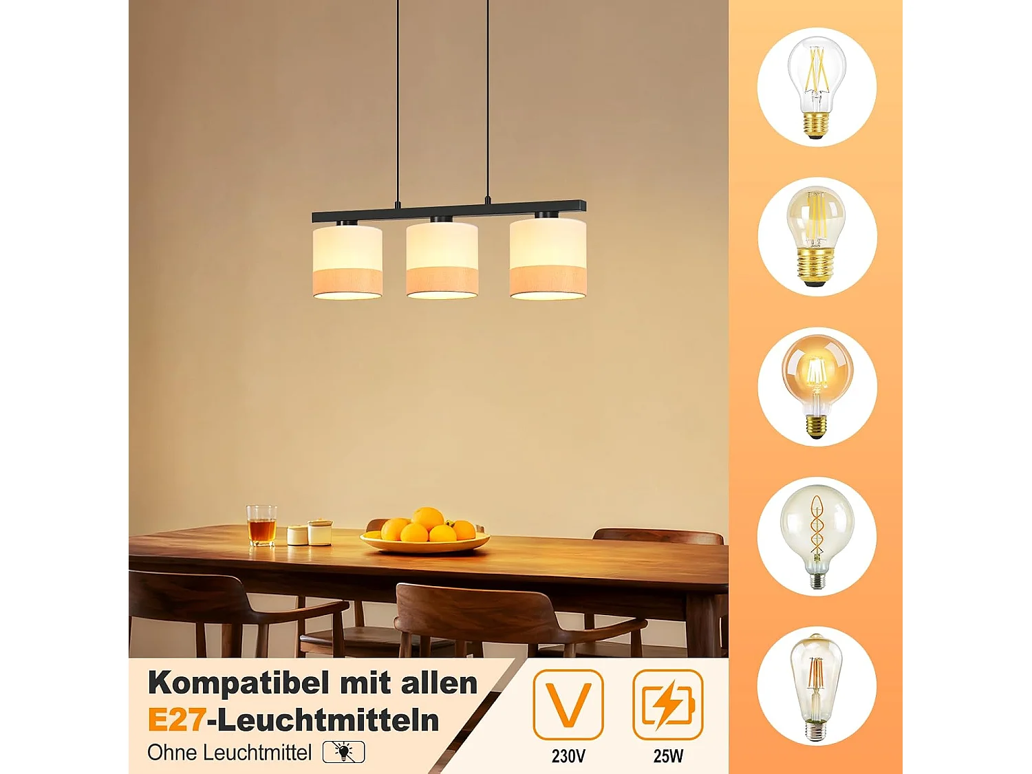 Nettlife Suspension pour table à manger, lampe suspendue à 3 lumières vintage, abat-jour en tissu blanc, hauteur réglable, E27, rétro (Sans ampoules)