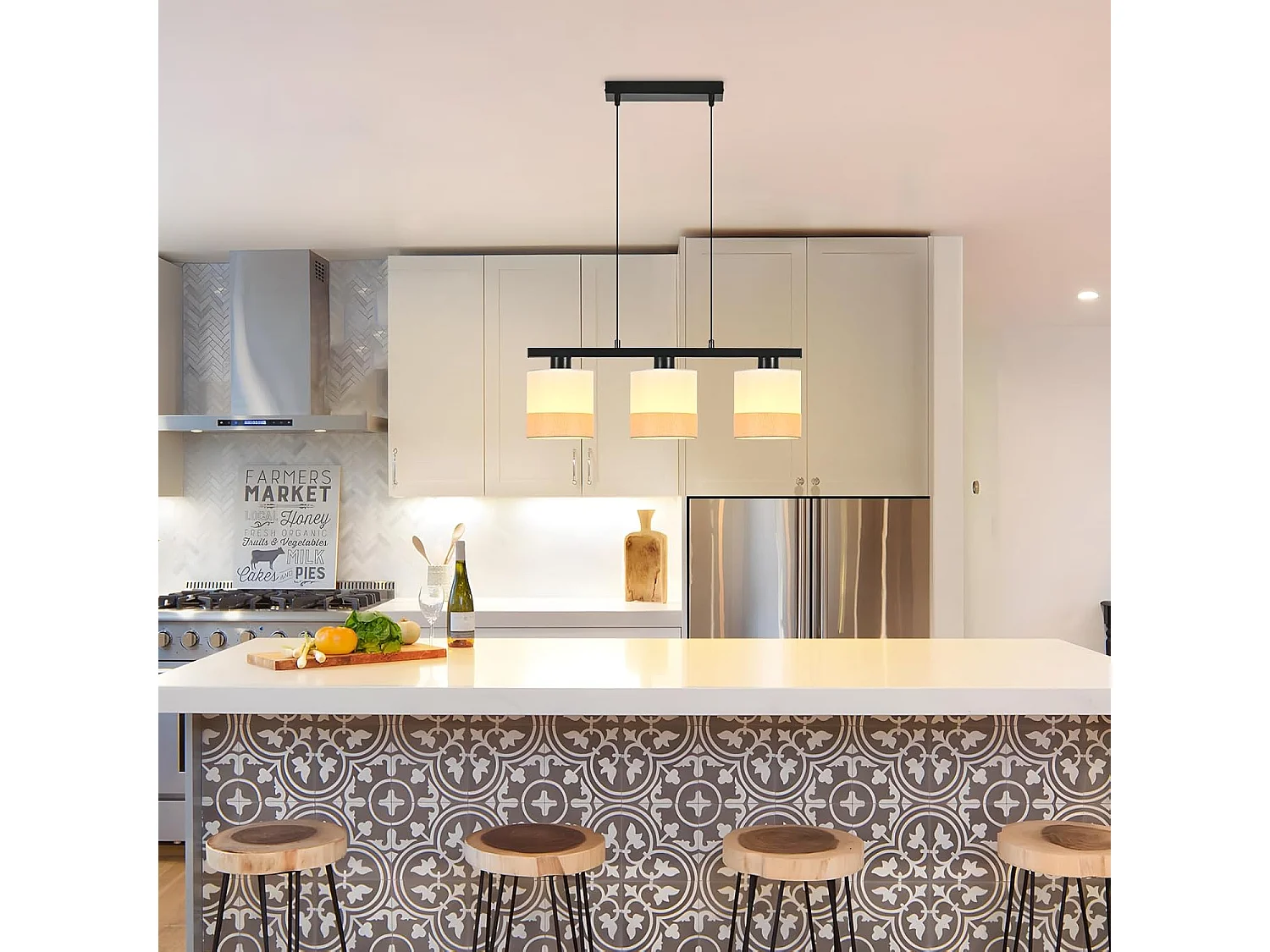 Nettlife Suspension pour table à manger, lampe suspendue à 3 lumières vintage, abat-jour en tissu blanc, hauteur réglable, E27, rétro (Sans ampoules)