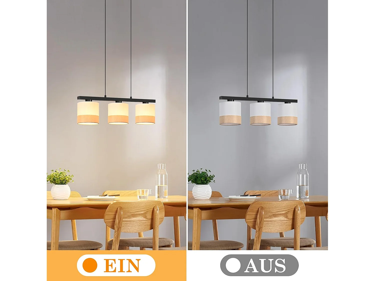 Nettlife eettafel hanglamp, 3-lichts vintage hanglamp, witte stoffen kap, in hoogte verstelbaar, E27, retro (lampen niet inbegrepen)