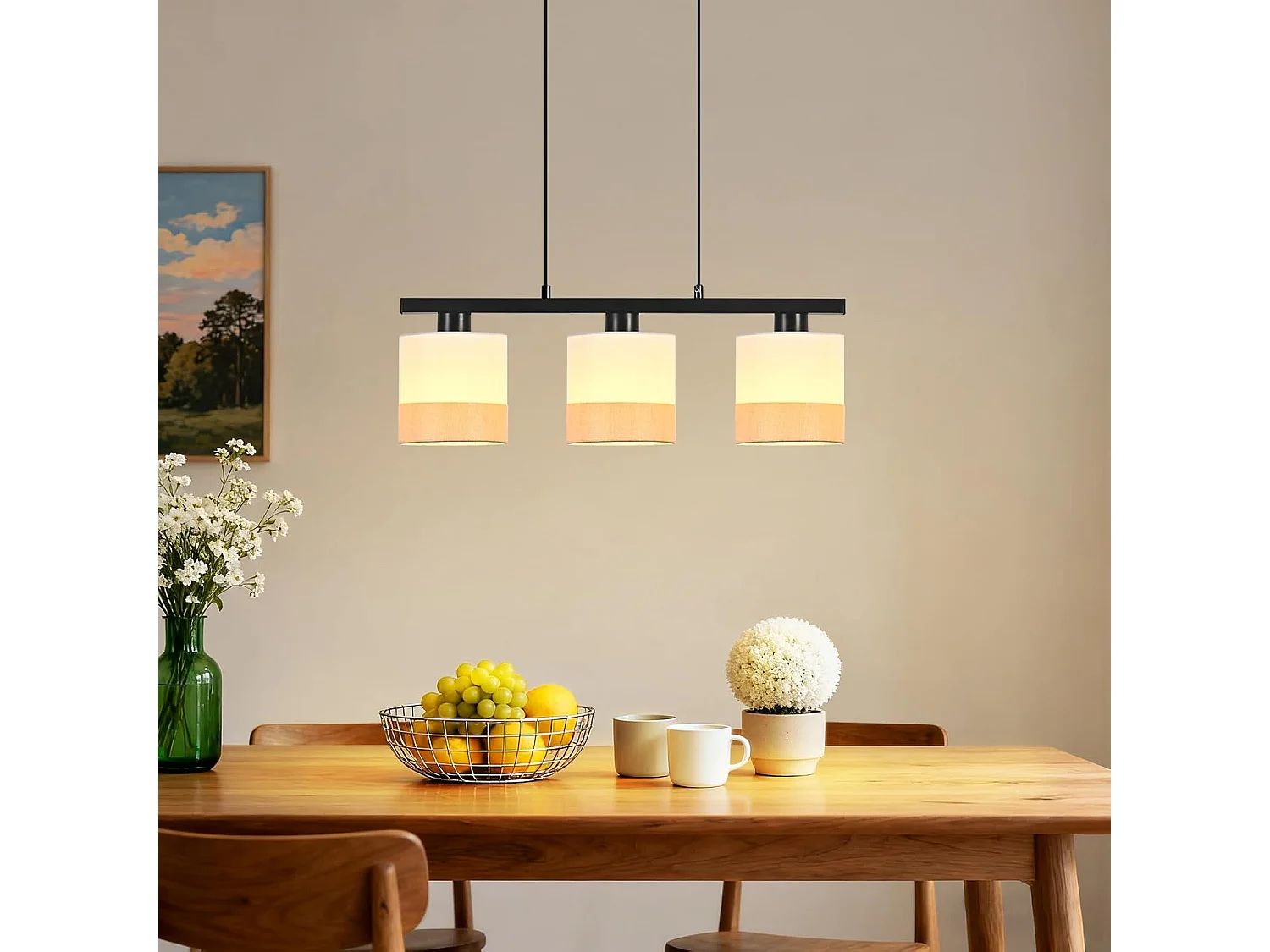 Nettlife eettafel hanglamp, 3-lichts vintage hanglamp, witte stoffen kap, in hoogte verstelbaar, E27, retro (lampen niet inbegrepen)