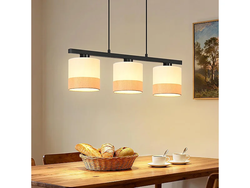 Nettlife Suspension pour table à manger, lampe suspendue à 3 lumières vintage, abat-jour en tissu blanc, hauteur réglable, E27, rétro (Sans ampoules)