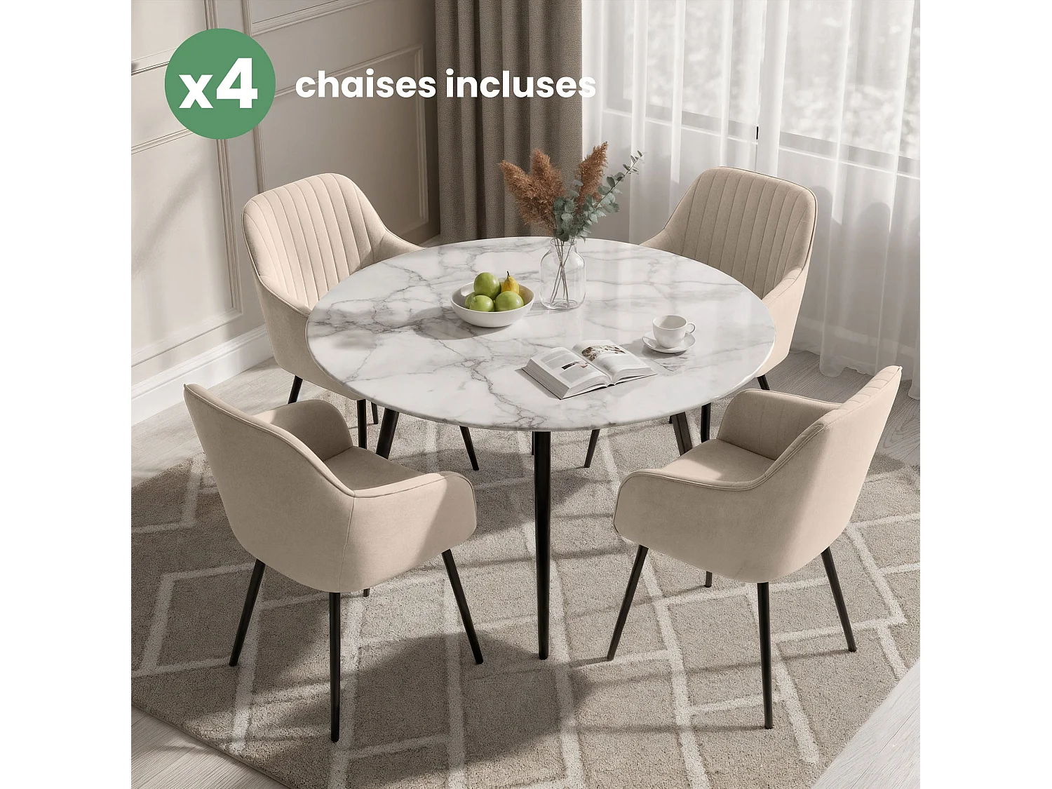 Set di 4 Sedie in velluto con cuciture verticali FLORENCE Beige gambe nere