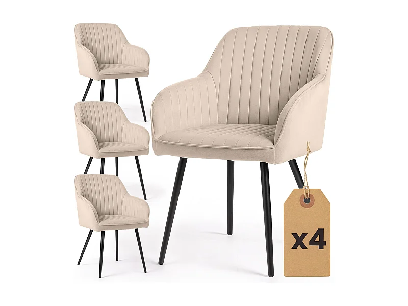 Set van 4 Eetkamerstoelen FLORENCE met Armleuningen / Gestoffeerde Stoelen / Fluwelen Stoelen en Metalen Poten / Beige met zwarte benen
