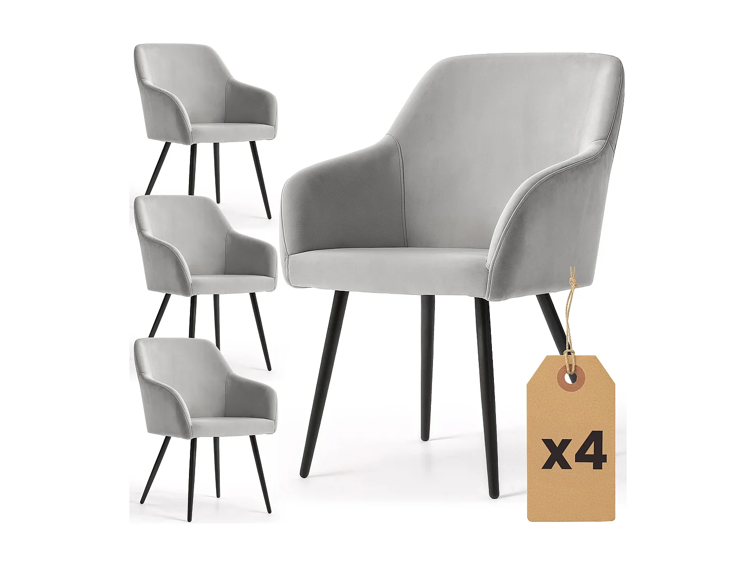 Set di 4 Sedie in velluto liscio ESTELLE Grigio gambe nere