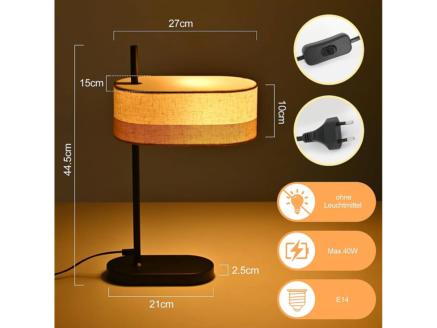 Nettlife Lampe de Table Vintage Salon - Lampe de Chevet Noire en Tissu E14 avec Câble, Lampe de Bureau Rustique Rétro pour Chambre à Coucher (Sans Ampoule)