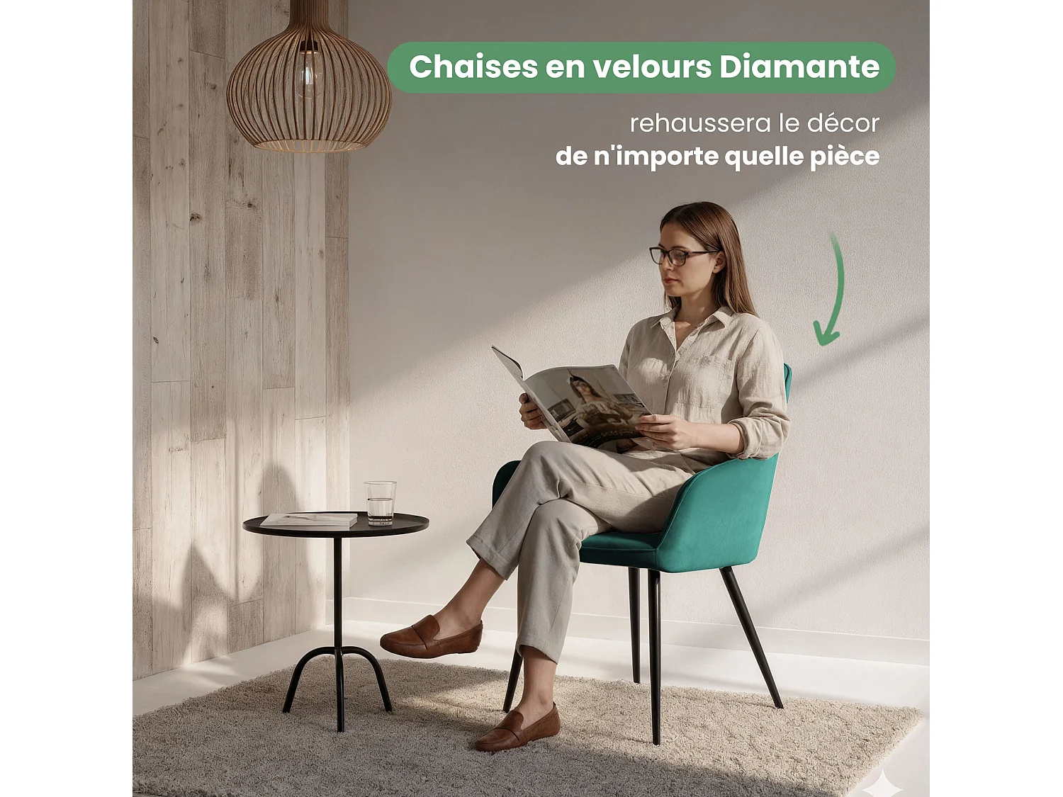 Set van 4 Eetkamerstoelen DIAMANTE met Armleuningen / Gestoffeerde Stoelen / Fluwelen Stoelen en Metalen Poten / Flesgroen met zwarte benen